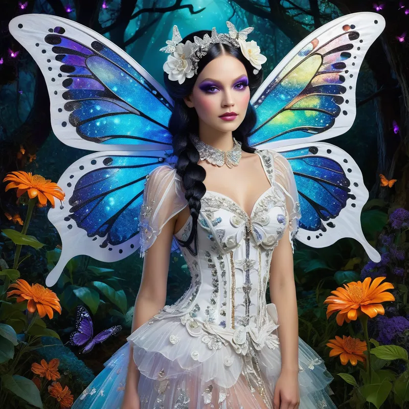 Enchanting Gothic Fairy - Beautiful Halloween white Goth butterfly fairy "modestly dressed in an Anna Sui designer outfit" with illuminating wings, glitter,  flowers, forest, garden, beautifully lit, insanely detailed, stunning environment, spiritual, colorful, illustration, enchanting, fantasy, vibrant colors, incredibly lifelike, realistic, vibrant, illuminating - AI image generated with Fictional - water splashes, double exposure, oil painting with palette knife