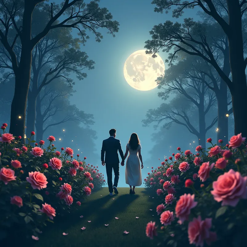 Enchanting Moonlit Walk - A peaceful, moonlit garden scene where a couple walks hand-in-hand among roses in full bloom. The garden is illuminated by soft, blue-gray hues and gentle shadows. Sparkling fireflies and a full moon shining through the trees complete the enchanting setting. - AI image generated with Photorealistic 2 - picture of the day, photorealistic, surrealismus
