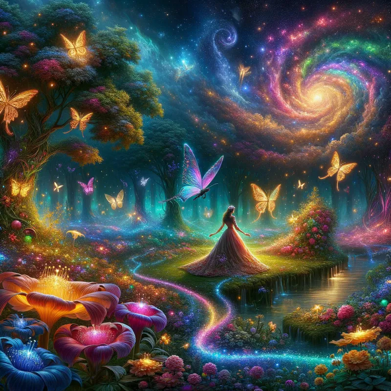 Enchanting Odyssey - Judy Garland in Wizard of oz,, glitter, rainbow, Rhonda flowers, galaxy, butterfly's, hearts, sparkles, universe, firefly's, rainbow swirling smoke, fantasy forest, garden, beautiful lit, insanely detailed, stunning environment, spiritual, colorful, illustration, enchanting, fantasy, vibrant colors, incredibly lifelike, realistic, vibrant, illuminating heaven - AI image generated with Art