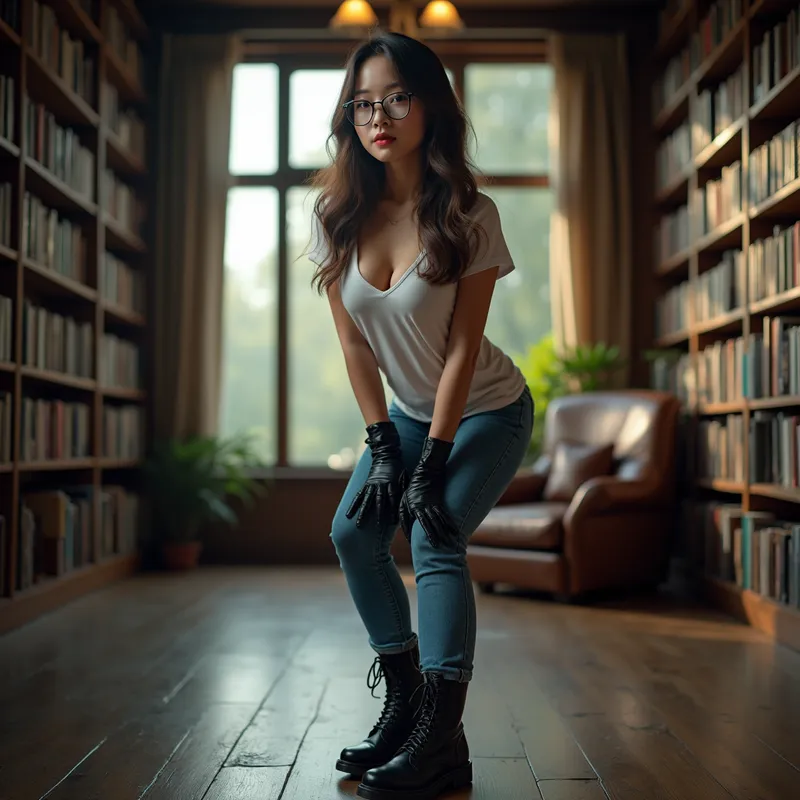Enchanting Stare from the Stacks - In a well-lit library filled with books and natural light pouring through a window to a quiet forest, a stunning Asian girl stands poised in fashionable glasses, a plunging white t-shirt, shiny black gloves and boots, and blue skinny jeans. She leans forward, arms folded beneath her bust, gazing at you with dreamy, loving eyes and a naughty, beautiful smile. The camera angle is from the ground, offering a dramatic view of her boots and her enchanting, flirtatious expression. - AI image generated with Photorealistic 2