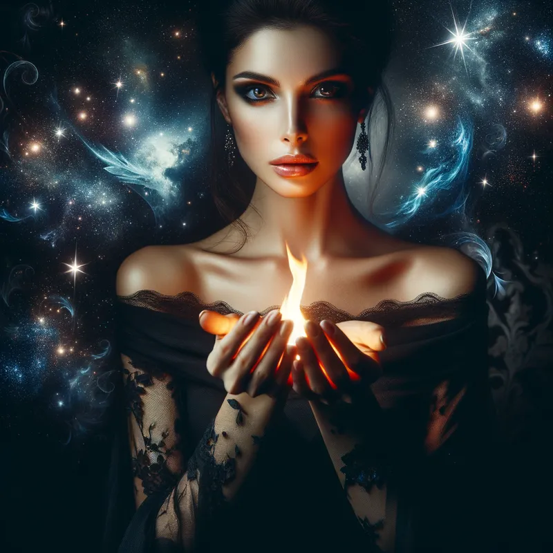 Enchantress of Flames - A captivating woman with a mysterious aura, elegantly holding a flame in her palms, surrounded by a magical and starry night sky. - AI image generated with Art
