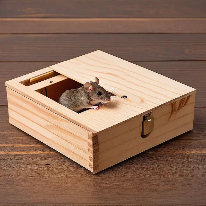 Enclosed Rat Trap - A wooden disposable mouse trap that fully encloses the trapped rat, ensuring it is completely hidden from view. The trap features a simple, functional design with a secure locking mechanism and a smooth, unadorned exterior. - AI image generated with Photorealistic