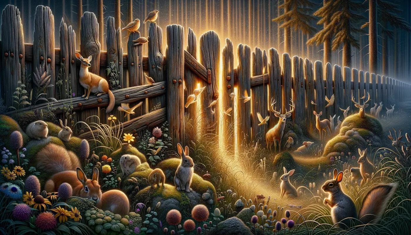 Enclosure's Encore - Imagine a dramatic scene where the spirit of an old fence comes to vibrant life for one last performance, surrounded by a lively entourage of flora and fauna celebrating its years of service. - AI image generated with Art