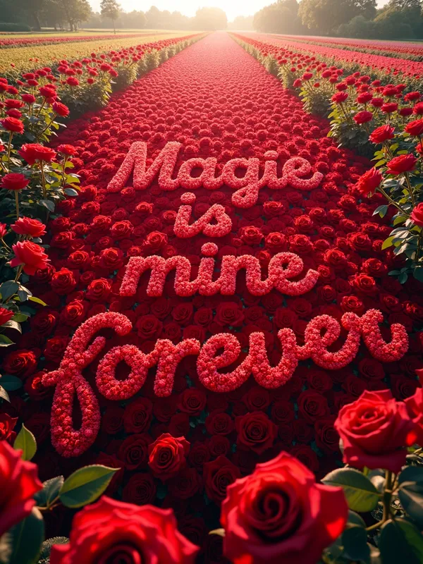 Endless Rose Fields - A vast expanse of vibrant red roses stretching out to the horizon, creating an enchanting world filled with lush greenery and delicate blooms. Amidst the roses, letters spell out 'Magie is mine forever' in an elegant, flowing script crafted from rose petals. - AI image generated with Photorealistic 2
