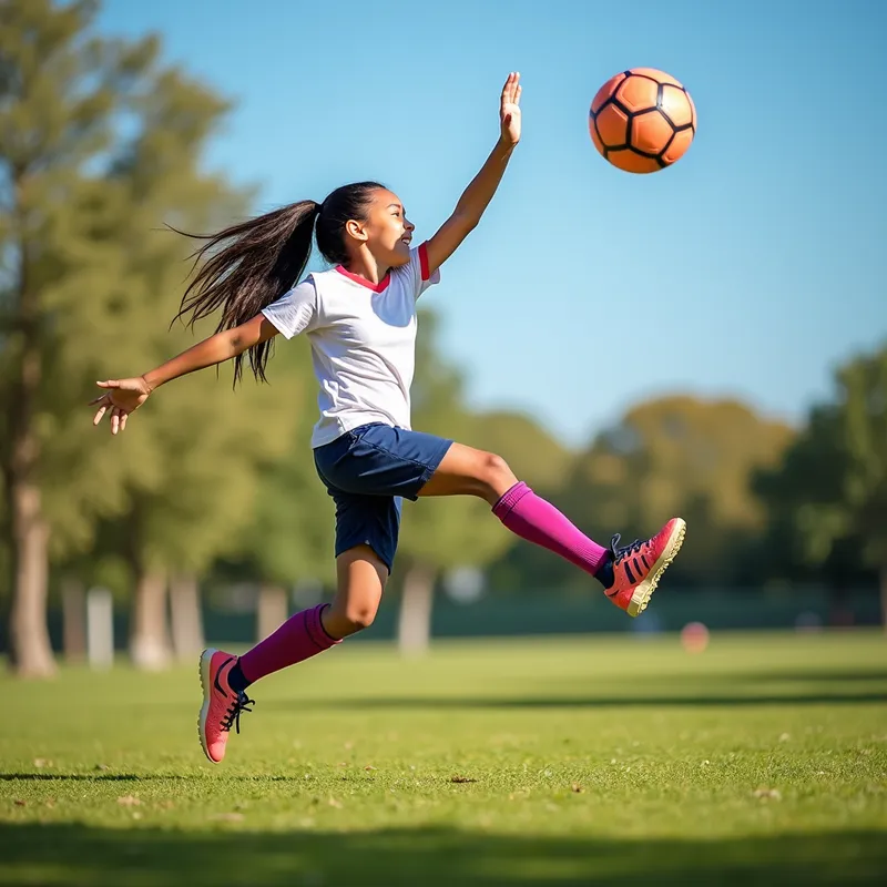 Energetic Girl Kicking Football - An energetic girl in sportswear enthusiastically kicking a football in mid-air in a vibrant park setting, with trees and a clear blue sky in the background. - AI image generated with Photorealistic 2