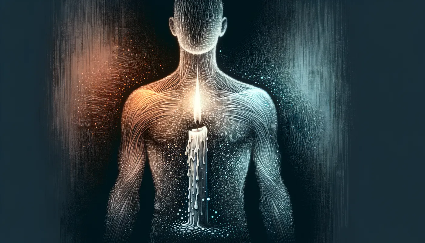 Energy Drain - A transparent figure contains a candle burning at both ends, signifying the person's energy and life force being consumed. The background features a gradient from light to dark, reflecting the gradual loss of vitality due to ongoing stress and pressure. - AI image generated with Art - chalk, stippling drawing, abstract