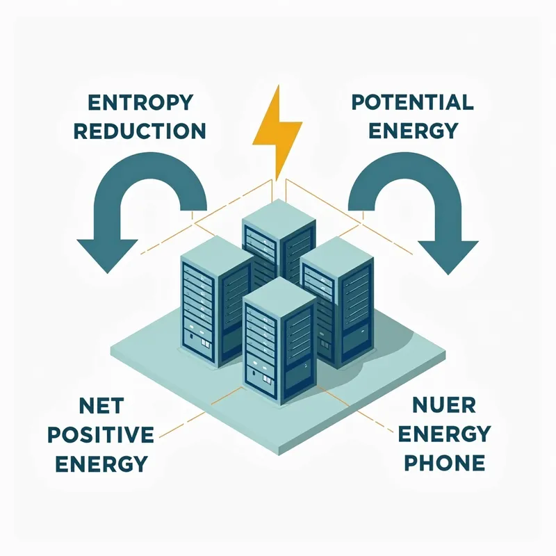 Energy-Efficient Data Center - A schematic showing a data center with arrows representing entropy reduction and potential energy harvesting, symbolizing the transition to net-positive energy operation. - AI image generated with Photorealistic 2