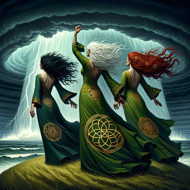 Energy of the Tempest - On a nighttime seaside cliff, three women stand in a line, each representing different stages of life: red-haired, dark-haired, and white-haired. Dressed in green with golden triskelion symbols, they face an immense thunderstorm pushing ashore. Their hair and dresses are swept by strong winds as they lift their hands towards the sky, drawing energy from the storm. - AI image generated with Art
