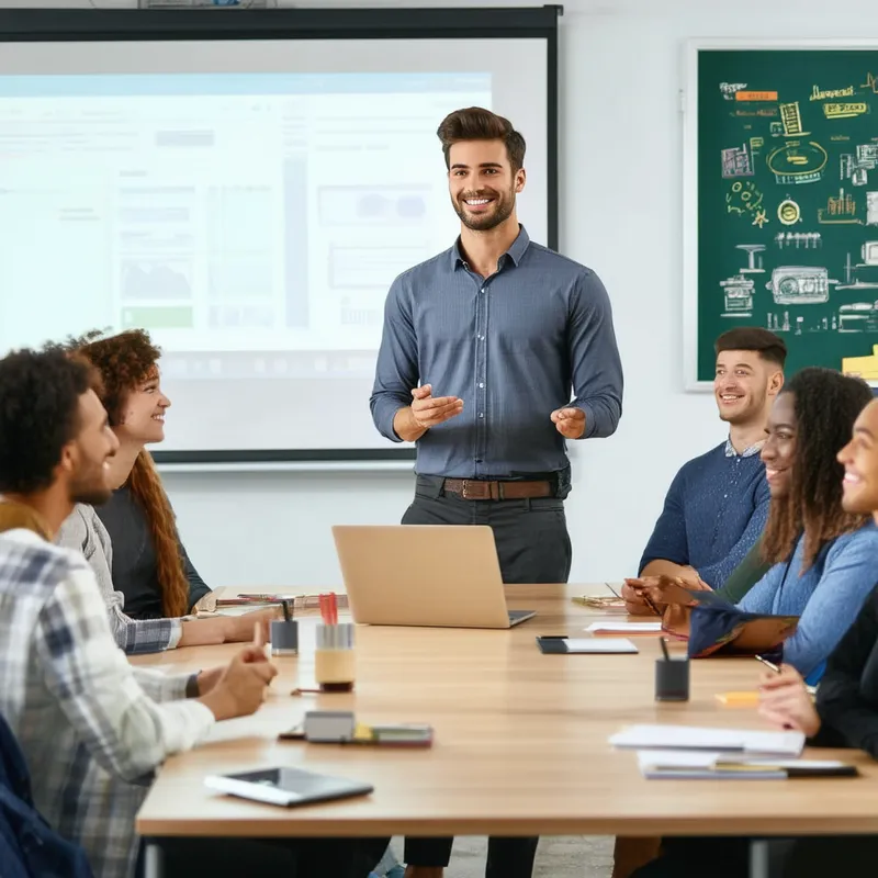 Engaging Presentation - A young, handsome teacher is standing confidently at the front of a modern, well-lit classroom. He is giving an engaging presentation to a group of diverse colleagues seated around a large table. The teacher is dressed smartly in business casual attire, using a projector and a laptop to display slides. Colleagues are attentive, nodding, taking notes, and some are smiling. The atmosphere is professional yet collaborative, with educational posters and a whiteboard in the background.