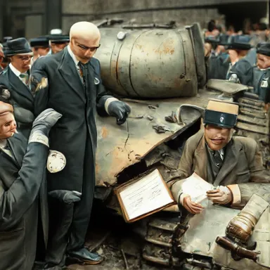 Engineers Inspecting Wreckage - A team of 1919 engineers in three-piece suits and pocket watches examine the tank’s twisted steel wreckage. One man points to a cracked rivet with a gloved hand, while another sketches the damage in a leather-bound notebook. The collapsed tank plates reveal shoddy construction with rusted seams, uneven supports, and patches of brown paint meant to hide leaks.
