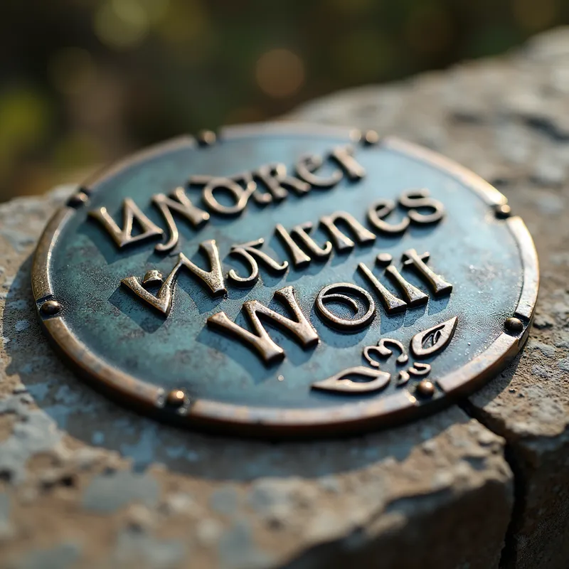 Engraved Legacy - A close-up view of a bronze face plate lying on a stone table, with the name 'Wynter Rose White Wolf' beautifully engraved in bold, clear lines. The bronze surface has an aged patina, enhancing the sense of history. - AI image generated with Photorealistic 2
