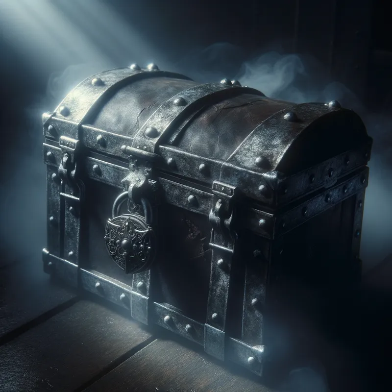 Enigmatic Chest - A cold, metal-locked treasure chest, barely visible in the enveloping darkness of the room. - AI image generated with Art