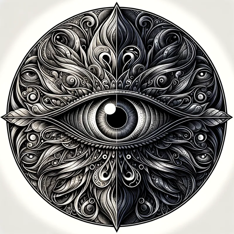 Enigmatic Eye Insignia - Craft an insignia with an eye divided down the center: one half open to reveal knowledge, the other half veiled to conceal secrets, embodying the theme of dual perception. - AI image generated with Art