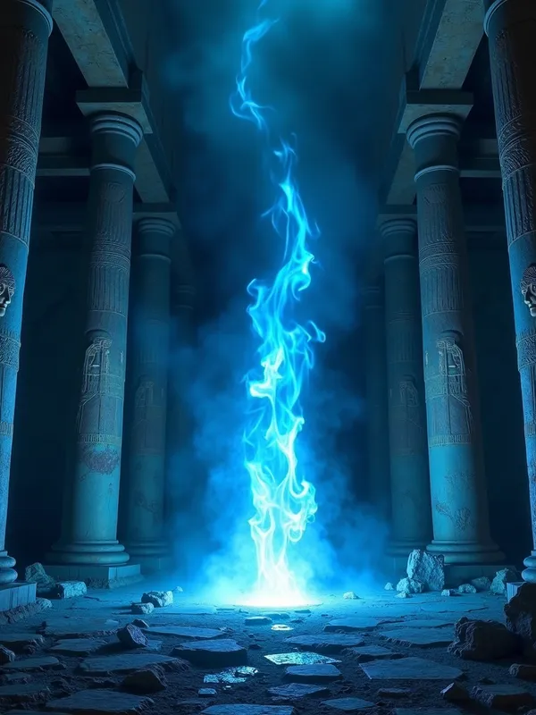 Enigmatic Flame - A mysterious blue flame burns in the center of a ruined temple, casting eerie shadows of gods and pharaohs on the walls. The temple is ancient, with crumbling stone pillars and faded carvings of deities. The atmosphere is filled with an eerie glow, creating a sense of mystical presence. - AI image generated with Photorealistic 2