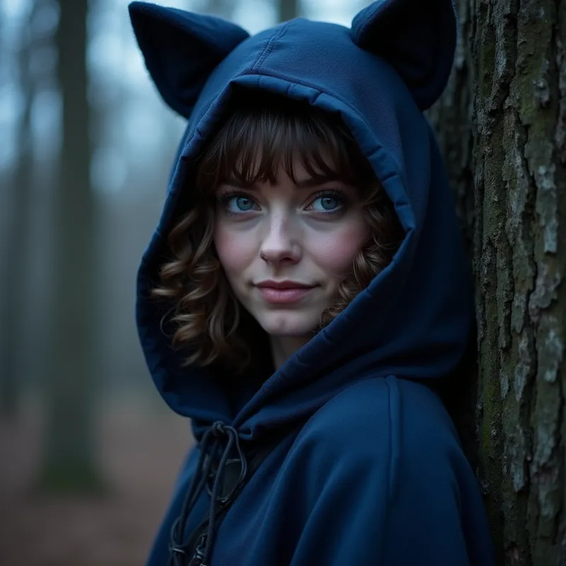 Enigmatic Forest Dweller - A shadowed blue cloak veils a woman with captivating blue eyes and curly brown hair with bangs. Wolf ears emerge from her head as she leans casually against a tree in the moonlit forest, her smirk and direct gaze filled with secrets. - AI image generated with Photorealistic 2