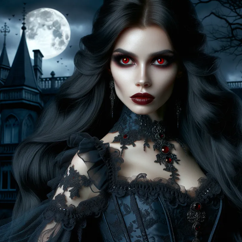 Enigmatic Vampiress - A hauntingly beautiful female vampire with striking red eyes, long flowing black hair, and pale skin. She's standing against a moonlit gothic castle backdrop, wearing a dark, elegant Victorian gown with intricate lace details. - AI image generated with Art