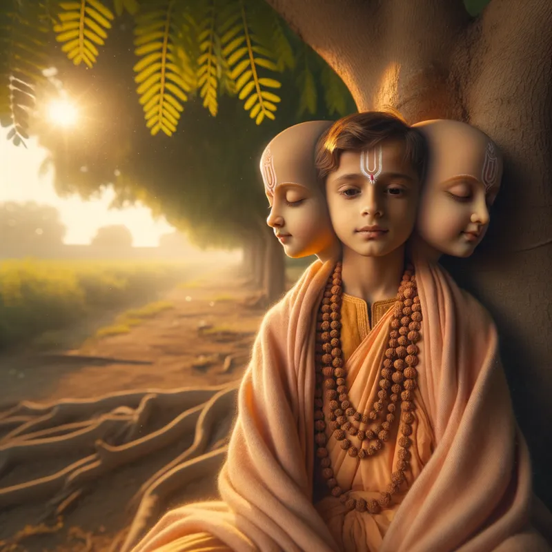 Enlightened Vision - The enchanting portrayal of a young saint exuding divinity and embodying Lord Dattatreya, with a trio of harmonious heads, each echoing the other's peaceful expression. Cloaked in soft saffron garments, with delicate rudraksha beads around his shoulders, he sits under the welcoming shade of a peepal tree, amidst a tranquil village, as gentle rays of dawn filter through the foliage. - AI image generated with Art