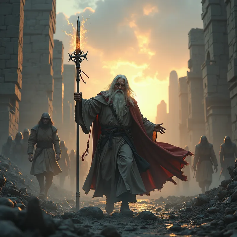 Epic Battle at Dawn - A middle-aged Korean man in full Gandalf the Grey attire, his staff glowing with magical energy, slashing at zombies with his sword amidst the ruins of an ancient city as the first light of dawn breaks through the clouds. - AI image generated with Photorealistic 2