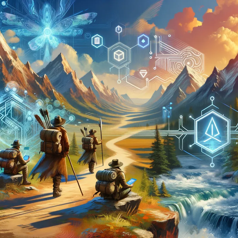 Epic Bitcoin Journey - Depict a grand journey through mountains and cyberspace, with adventurers following a map marked with Bitcoin logos guiding them to the 'BTC Block of Destiny'. The scene should combine elements of classic fantasy epic quests with digital artifacts, reminiscent of the adventurous spirit in 'The Pick of Destiny'. - AI image generated with Art