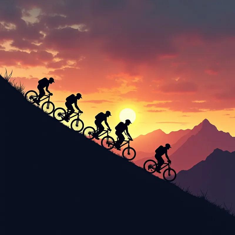 Epic Journey - Several bikers silhouetted against a dramatic sunset sky, weaving their way up a mountainous trail. The peaks and valleys of the mountain range create a stunning backdrop, with their dark silhouettes cutting across the colorful sky. - AI image generated with Photorealistic 2