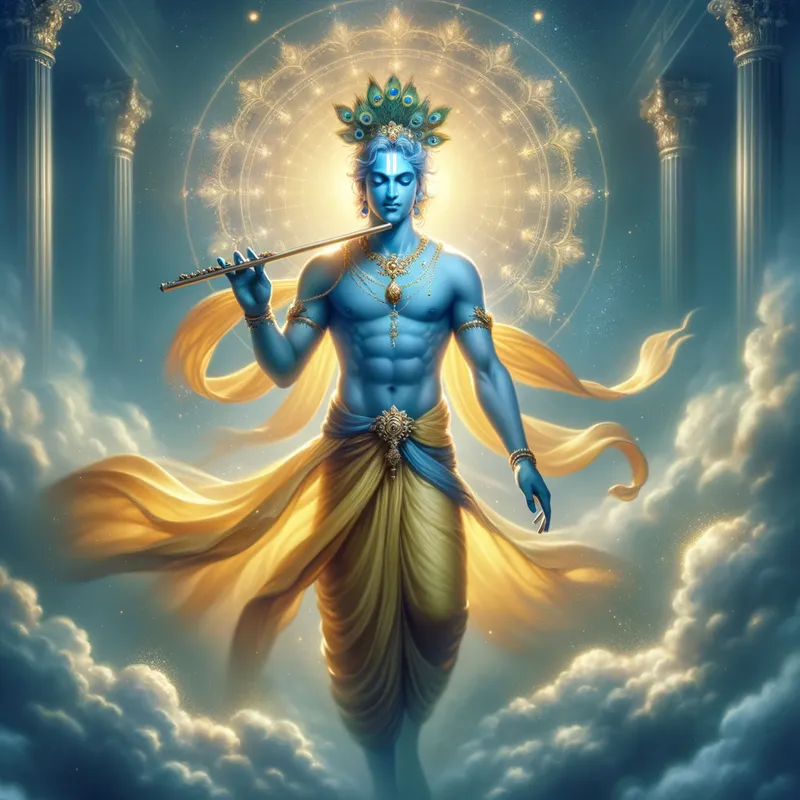 Epic Krishna Avatar - Depict an image of Lord Krishna merging his divine allure with the impressive build of Greek gods. Visualize Krishna's blue-tinted skin with a soft luminescence, adorned by a peacock feather crown and a billowing yellow dhoti. His body should be reminiscent of a Greek god’s – muscular and ideally proportioned, exuding both elegance and power. His serene expression should radiate wisdom and empathy, while he holds a flute symbolizing his divine melodies. Enclose him with a celestial radiance, with ethereal clouds and golden light in the background representing his spiritual magnificence. - AI image generated with Art