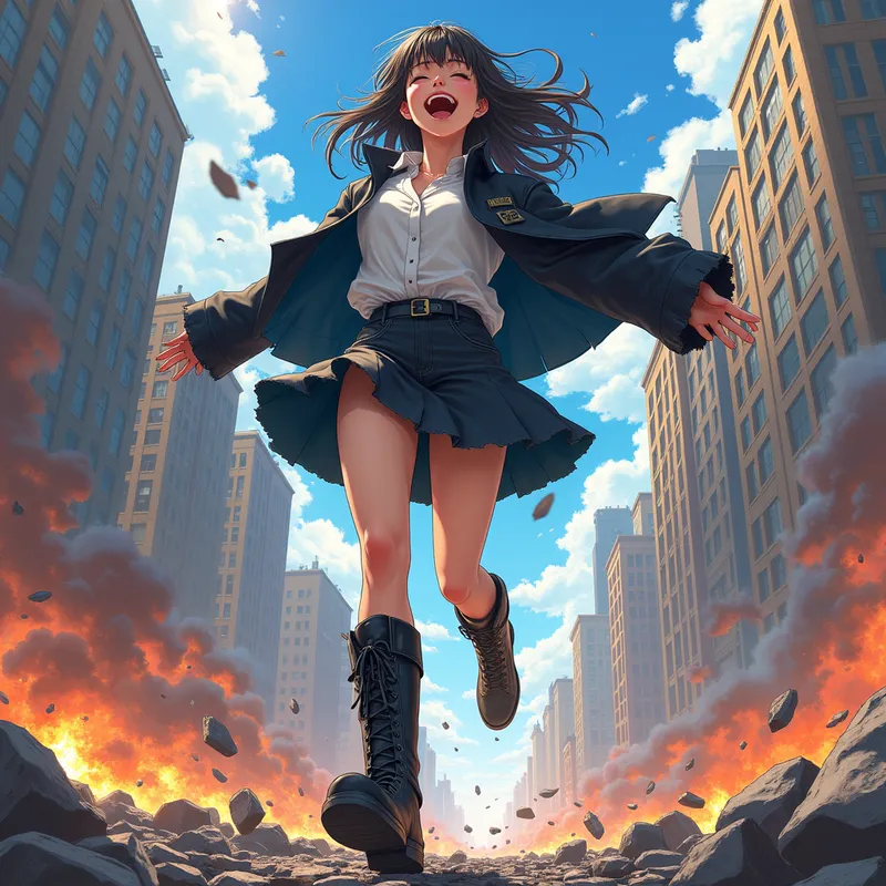 Epic Manga Giantess Destruction - A brilliantly colored, detailed manga illustration of a massive girl in black leather boots, destroying an entire city as she laughs gleefully. Sophisticated shading and lighting render the contrast between her beauty and the chaos she creates, with a focus on anime-style detail. - AI image generated with Photorealistic 2