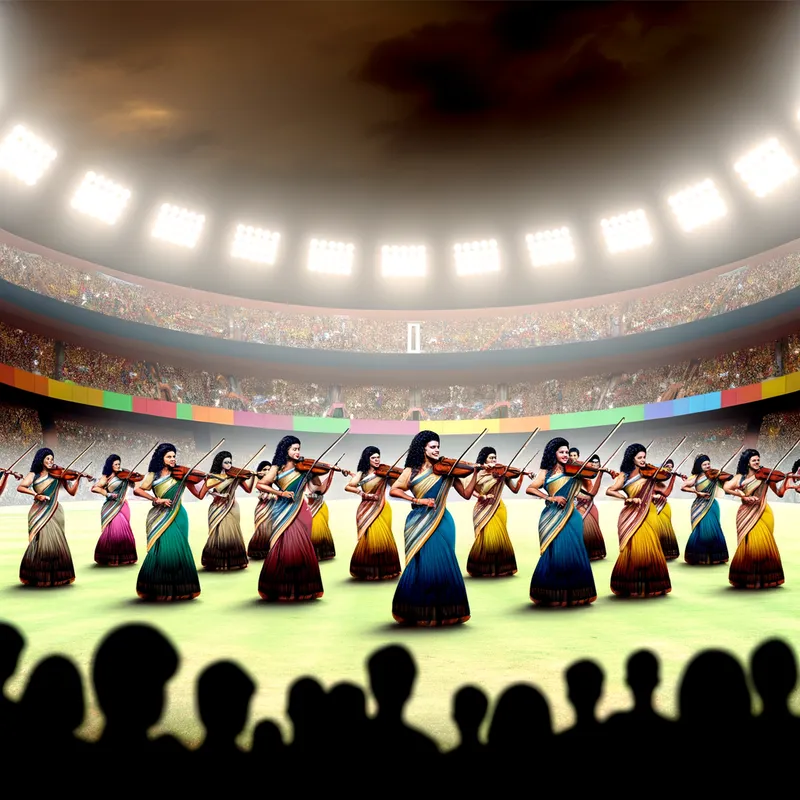 Epic Melodies - A dynamic, cinematic image of a full stadium brimming with excitement. The field is filled with Tamil women violinists gracefully playing in unison, dressed in colorful traditional attire. The unique composition captures the grandeur of the event, with spotlights illuminating the performers and the audience mesmerized by the harmony. - AI image generated with Art - antique wall portrait