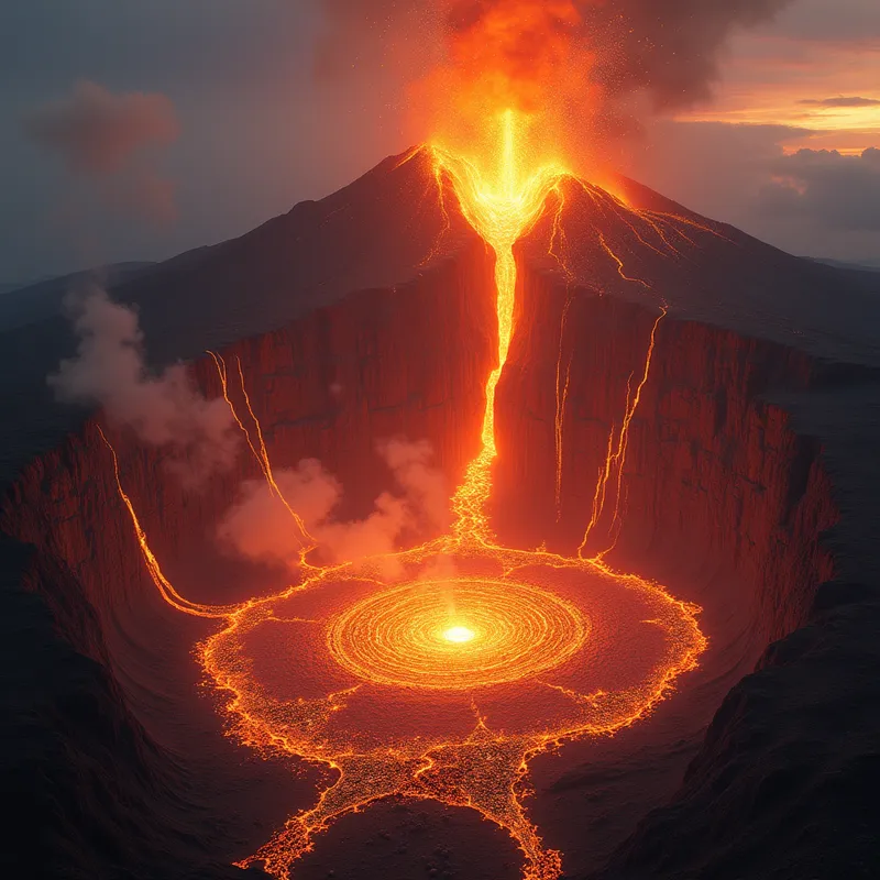Epic Volcanic Caldera Eruption - An epic scene depicting the caldera of a massive volcano erupting violently, molten lava fountains shooting up, with fiery rivers of lava carving paths down the mountainside and scattering glowing rocks. - AI image generated with Photorealistic 2