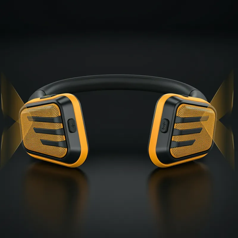 Ergonomic Dewalt Wireless Neck Speaker - Produce a high-resolution image of an ergonomic Dewalt-branded Bluetooth wireless neck band speaker system. The design should convey a modern, durable appearance with the use of industrial-style materials in Dewalt yellow and black. Focus on the upward-facing slots on each side of the neck band directing sound towards the wearer’s ears, stressing the ergonomic functionality. A minimalistic background with subtle lighting should be used to highlight the texture and intricate design details of the product. - AI image generated with Imagen 3