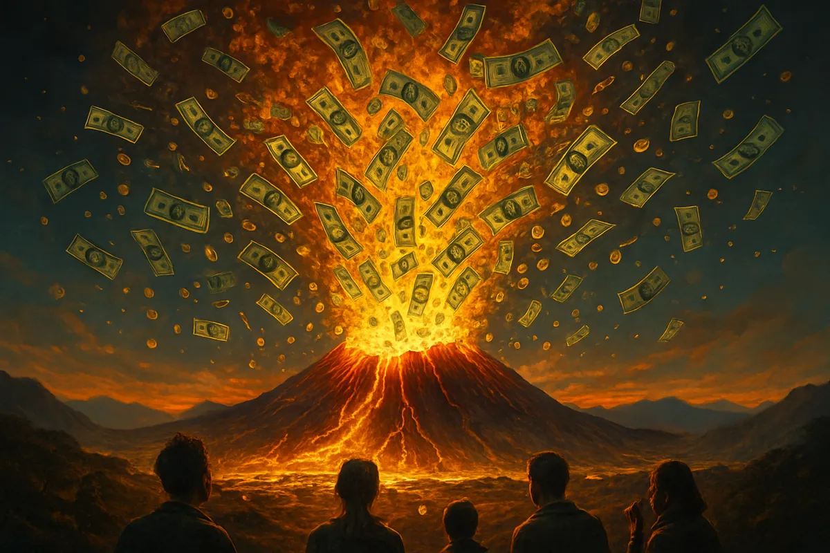 Eruption of Wealth - A dramatic volcanic eruption, but instead of lava, millions of US dollar bills and coins cascade from the crater, filling the sky. The landscape below is bathed in the glow of molten gold and currency, with shocked onlookers in the foreground and a vibrant, surreal atmosphere. - AI image generated with GPT Image