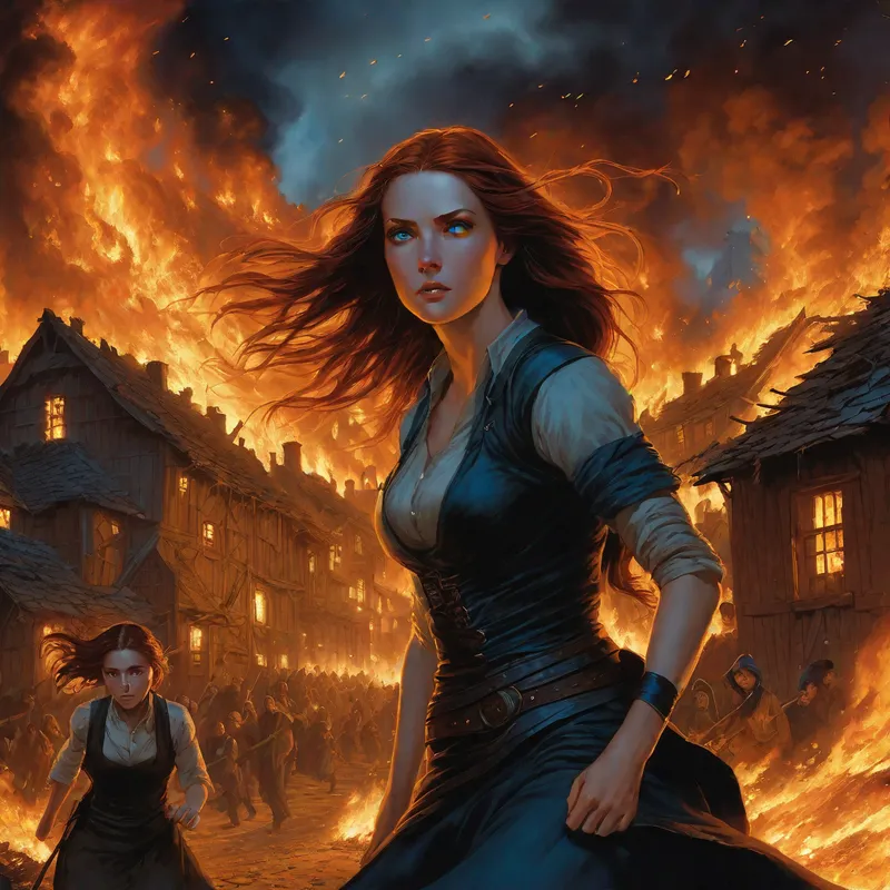 Escape from Emberfall - A visually intense night scene of a village engulfed in flames, illuminating the chaos as frantic townspeople flee. Dominating the foreground, a brave young woman with flowing auburn hair and piercing blue eyes runs desperately, clutching a black-haired girl tightly to her chest, shielding her from the fire and terror. - AI image generated with Fictional - fantasy art