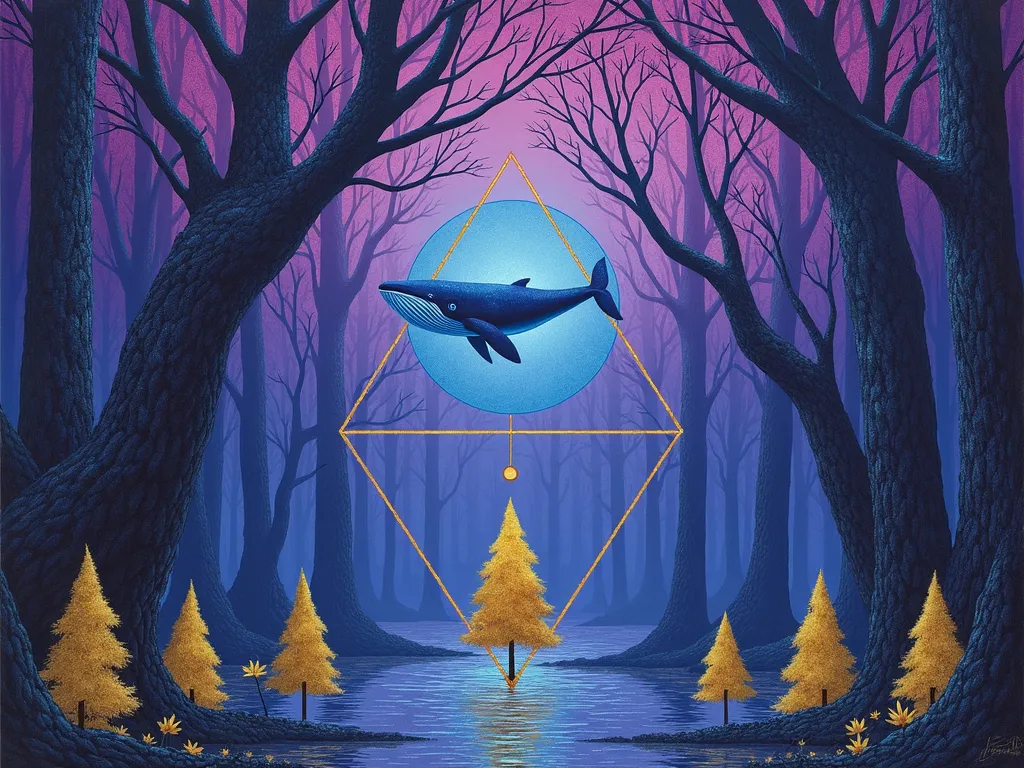 Esoteric Forest Whale - Art by Louis Royo - A mystical and symbolic scene featuring a forest and a whale in 3 blue crossing dots and 5 yellow trees, with a purple color palette, using esoteric and geometric techniques to create a sense of otherworldliness --v - AI image generated with Photorealistic 2