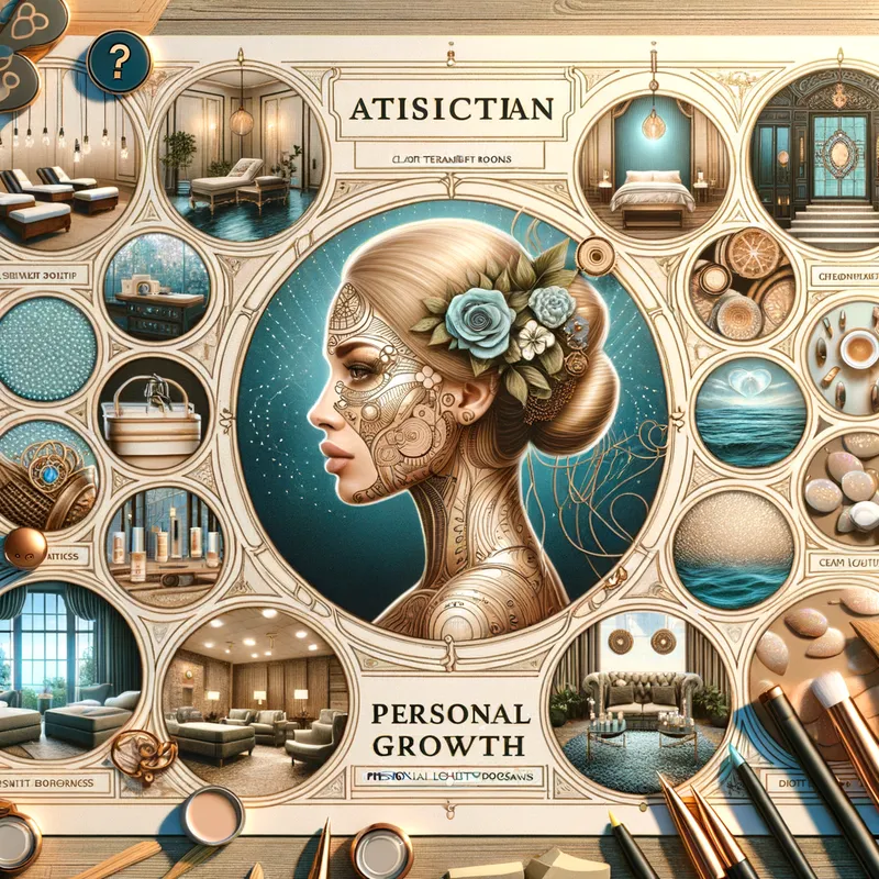 Esthetician Dreams - An artistic representation of an esthetician's vision board filled with dream goals like luxurious treatment rooms, advanced skincare technologies, client loyalty programs, and personal growth milestones. - AI image generated with Art