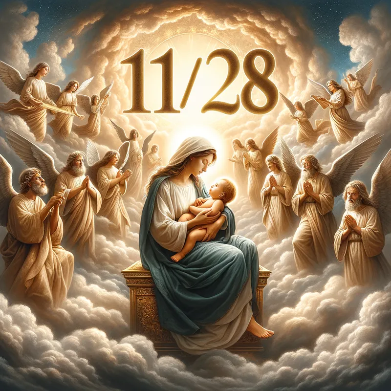 Eternal Care - A peaceful scene of Jesus holding a baby surrounded by angels in heaven. The date 11/28 is seen etched into the sky with golden light. - AI image generated with Art