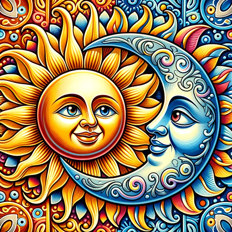 Eternal Dance of Sun and Moon - A vibrant, colorful image featuring the traditional Mexican sun and moon art. The sun, depicted with a cheerful face, radiates golden beams, while the moon, with a serene expression, glows in cool blues and silvers. They are surrounded by intricate patterns and folkloric motifs. - AI image generated with Art