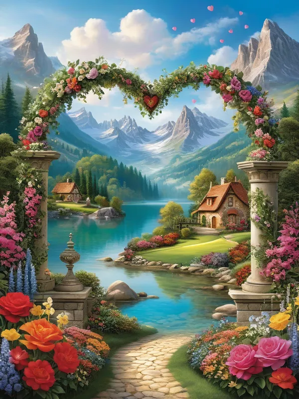 Eternal Love's Canvas - A picturesque landscape adorned with two giant hearts, one richly embellished with floral designs and the name 'Aron & Gelle' elegantly displayed in a flowing script, surrounded by magical scenery and vivid colors. - AI image generated with Photorealistic