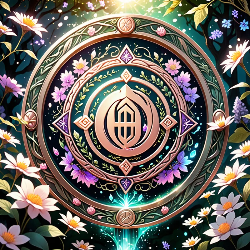 Eternal Rune Blossom - A beautifully detailed magical signet in a magical anime style, infused with floral-inspired runes, glowing petals of light, and elegant fantasy aesthetics, with a soft-focus enchanted garden background. - AI image generated with Fictional