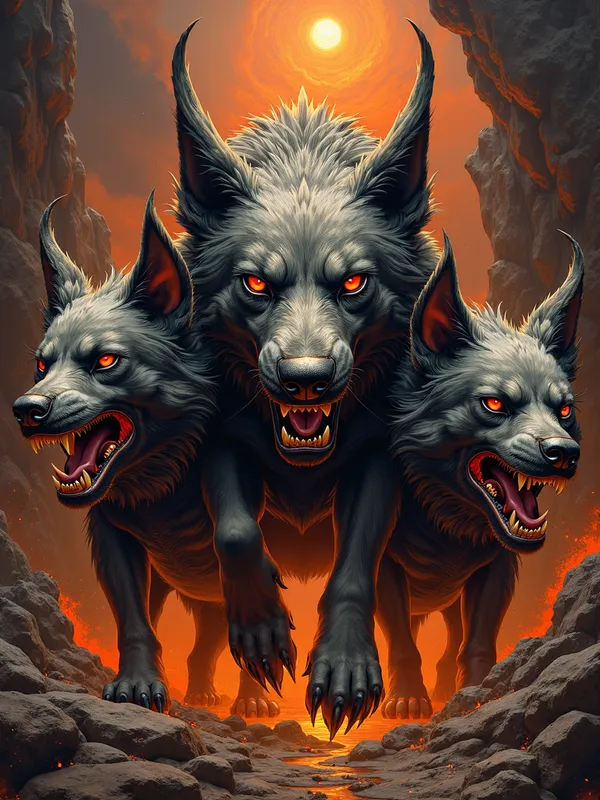 Eternal Sentinel - A high-resolution, detailed depiction of Cerberus with three ferocious heads, surrounded by the underworld's fiery landscape. Perfect for premium-quality prints. Model: Art, Size: 1024 x 1792. - AI image generated with Photorealistic 2 - vivid colors, copper relief, dark tones