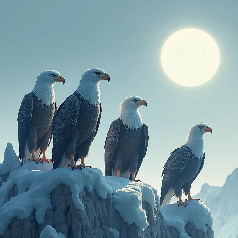 Eternal Sentinels of the Frost - Four stone-like eagles standing motionless on a jagged, frost-bitten mountain, each with a layer of glistening ice, watched over by a cold, pale sun. - AI image generated with Photorealistic 2