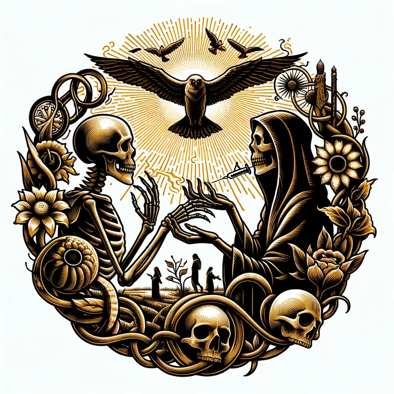 Eternal Solace - Death is natures greatest good. Death is a better state. Death frees the immortal soul. Death is transcendence. Death is an act of bravery, a glorious act of defiance. - AI image generated with Art - tattoo drawing, oil art