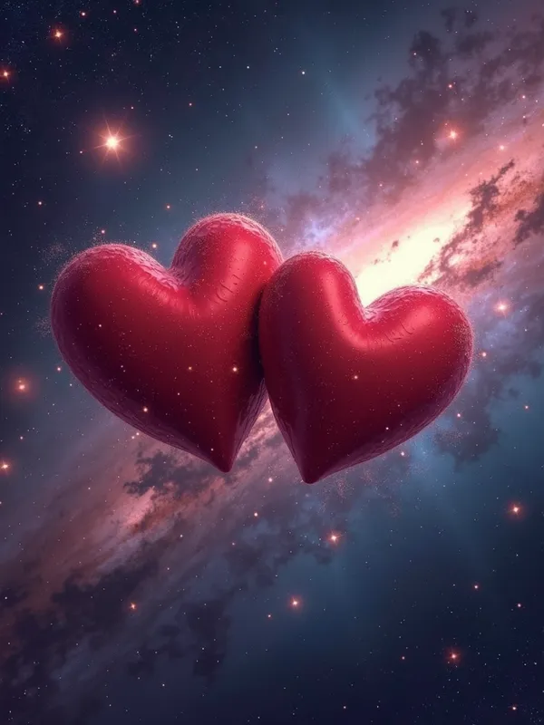 Eternal Space Hearts - Two intertwined love hearts flying through the vastness of space, journeying past various galaxies, representing eternal love and infinity. - AI image generated with Photorealistic 2