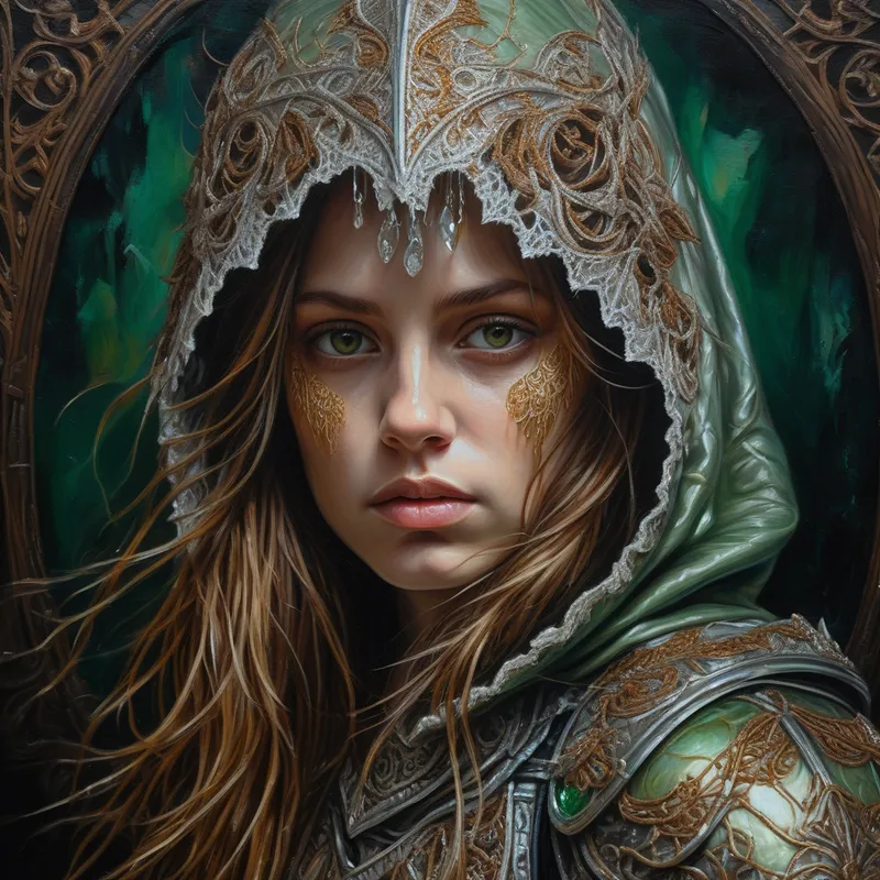 Ethereal Amber Gaze - A chiaroscuro oil painting of an ethereal fantasy portrait featuring a beautiful woman with messy brown hair streaked with blond highlights and piercing icy amber eyes. She wears ornate green and silver armor with intricate metallic filigree, scale-like details, and lace-inspired embroidery beneath an embroidered hood. Ultra-detailed textures, high realism, dramatic focus, mystical atmosphere, and a dreamlike fantasy couture mood. - AI image generated with Photorealistic - alcohol ink, chalk