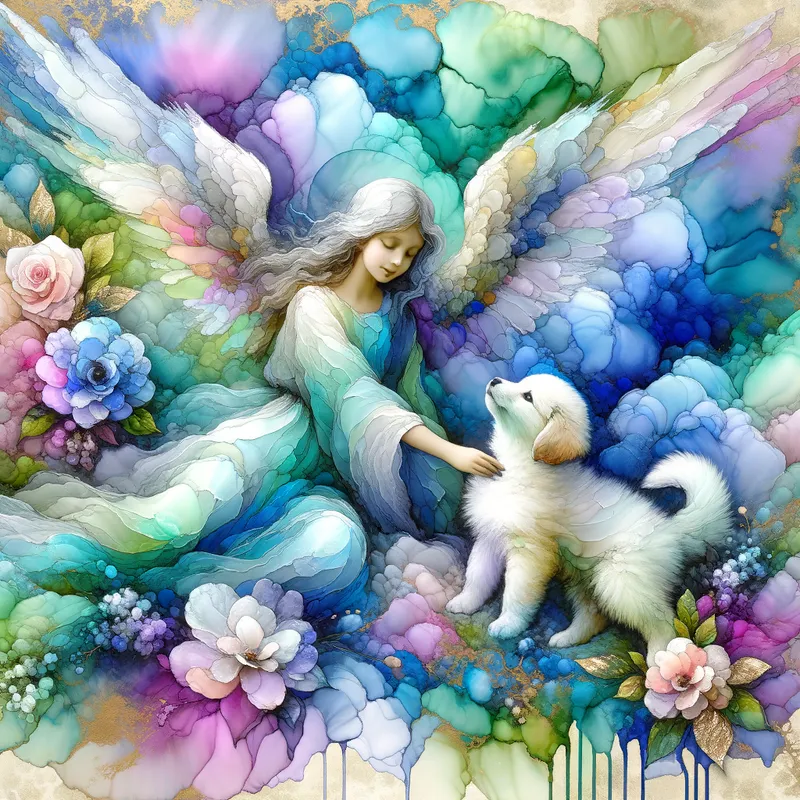 Ethereal Angel & Puppy Impasto - Create a soft pastel watercolor image in blue, white, green, pink, lilac, and gold leaf foil accents. impasto style of an angel playing with her puppy, make it ethereal. - AI image generated with Art - vivid colors, water splashes, alcohol ink