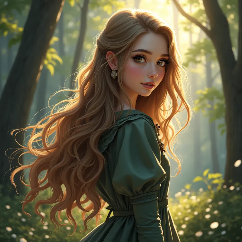 Ethereal Beauty - A beautiful girl with very long, flowing hair and large, captivating doe eyes, standing in a magical forest with soft, enchanting light filtering through the trees. - AI image generated with Photorealistic 2 - contour drawings, photorealistic, 1/3 side view