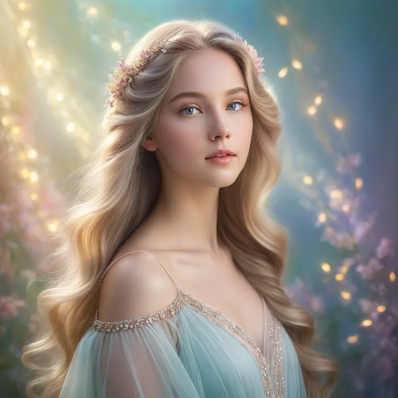 Ethereal Beauty Portrait - A stunning portrait featuring a young woman with delicate features, adorned with an ethereal glow. Her long, flowing hair cascades down her shoulders, and her eyes sparkle with a mysterious, captivating allure. Soft pastel colors and a dreamlike background add to the enchanting beauty of the scene. - AI image generated with Photorealistic