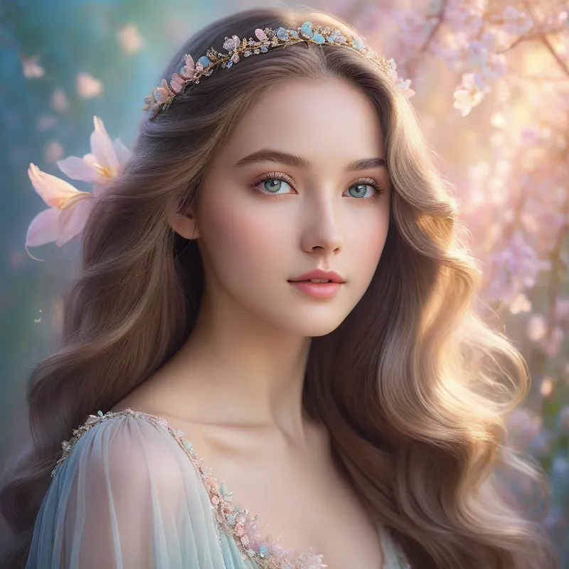 Ethereal Beauty Portrait - 
A stunning portrait featuring a young woman with delicate features, adorned with an ethereal glow. Her long, flowing hair cascades down her shoulders, and her eyes sparkle with a mysterious, captivating allure. Soft pastel colors and a dreamlike background add to the enchanting beauty of the scene. - AI image generated with Photorealistic