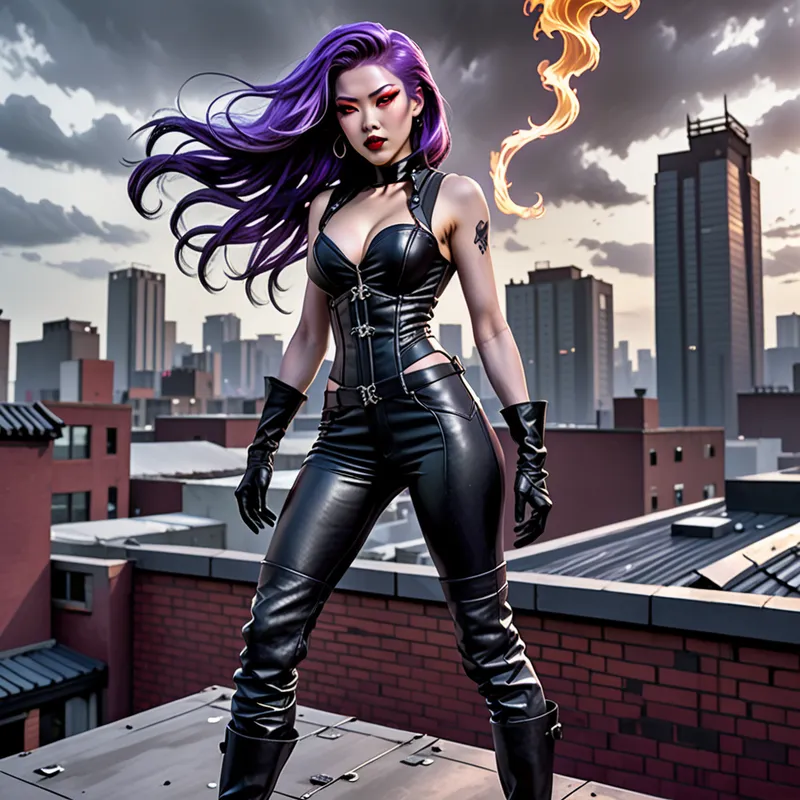 Ethereal Blaze: Rooftop Defender - Depict a Chinese superheroine with voluminous, waist-length, slightly wavy purple hair loose in the wind atop a rooftop. Her attire includes a sleeveless, fitted black leather jumpsuit with a glowing ethereal white flame on the chest, a slate-gray leather corset, black fingerless gloves, and black leather, knee-high boots with moderate heels. Her face, framed by luxurious purple hair and long lashes, is partially covered by a black domino mask. White arcane light glows from her almond-shaped violet eyes. The scene is lit by daylight reflecting off nearby steel skyscraper windows, producing dynamic highlights. Employ high-contrast, gritty chiaroscuro lighting and dramatic shadows in the style of modern comic book covers, with vibrant color contrasts making the flame emblem glow. - AI image generated with Fictional