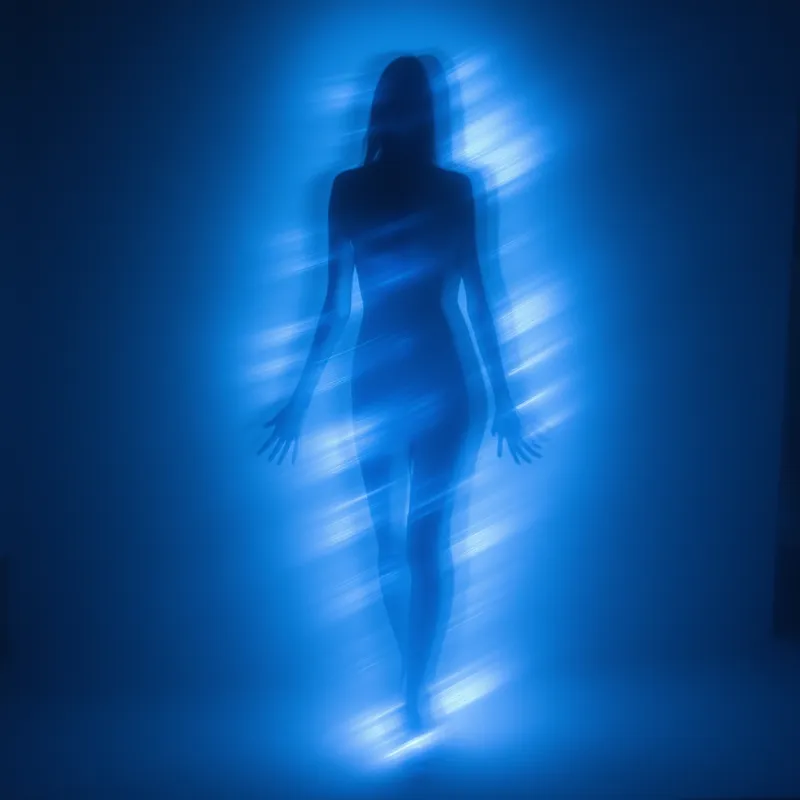 Ethereal Blue Aura - A person-like form glows with radiant, indistinct light, merging into a vibrant blue backdrop; the glowing shape is vague, more an impression of a person than a defined figure. - AI image generated with Photorealistic 2