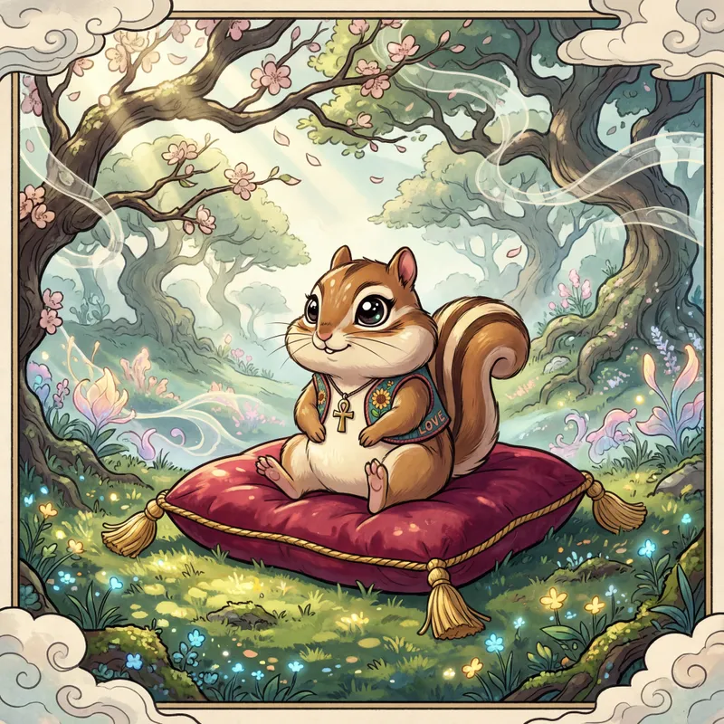 Ethereal Chipmunk Sanctuary - Set in a magical spring forest, a bubbly, big-eyed chipmunk sits serenely on a plush, massive red pillow with ornate gold tassels. The pillow rests atop fresh, green grass, dotted with the first buds of spring flora. Sunbeams filter through the trees, emphasizing the chipmunk's glowing aura. He wears a delicate necklace featuring an ankh and a shirt with 'love' and a bright sunflower at its center. The atmosphere is peaceful and radiates mindfulness, as the surrounding trees slowly awaken from winter in this ethereal, enchanted woodland scene. - AI image generated with 4K Pro - vivid colors, cartoony, ukiyo-e