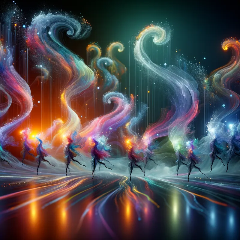 Ethereal Dance - Generate an image of colorful smoke trails against a gradient background, where each trail twists and turns like a dance, dotted with luminescent orbs to enhance the magical feel. - AI image generated with Art - glitch art, distorted reflections and shadows